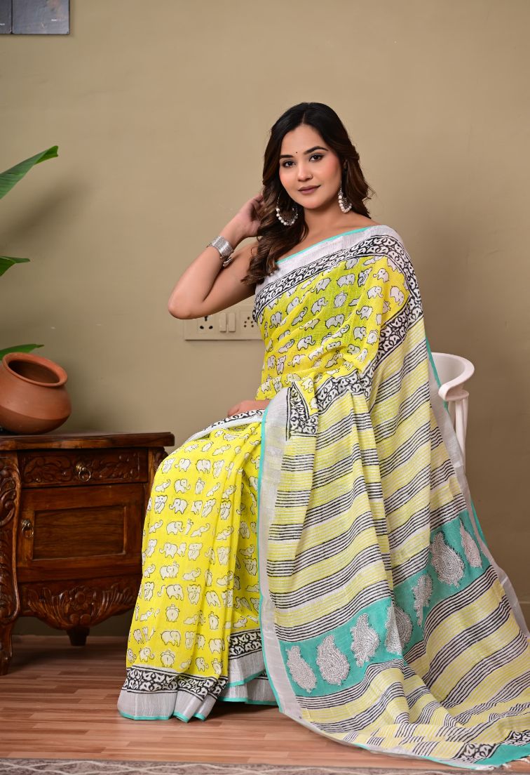 Bagru Handblock Print Linen Saree