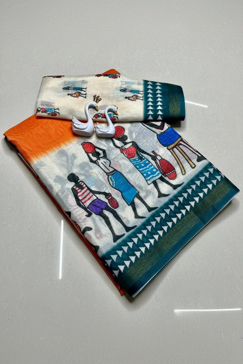 Orange Warli Art Print Mul Cotton Saree