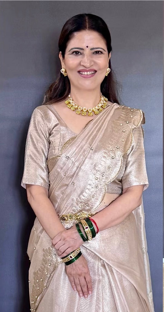 Soft Glass Tissue Aari Handwork saree