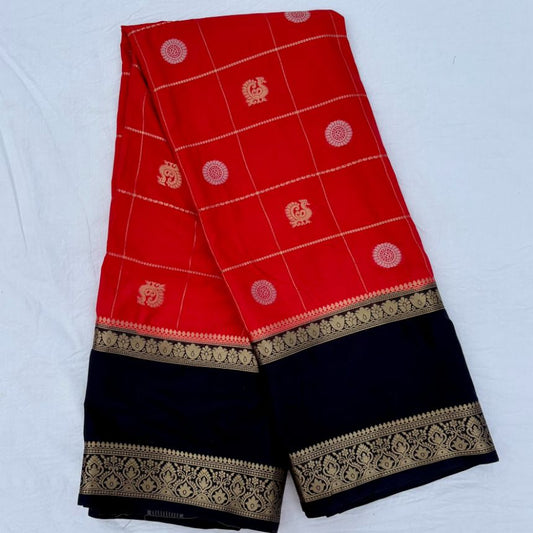 Red and Black Mysore Crepe Semi