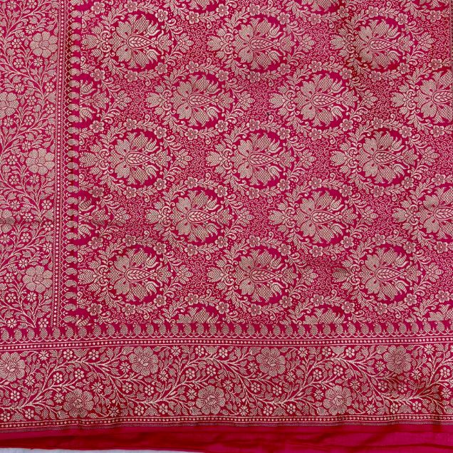 Banarasi Embroidery Mashru Katan Silk Saree with Rani pink border (Handloom)