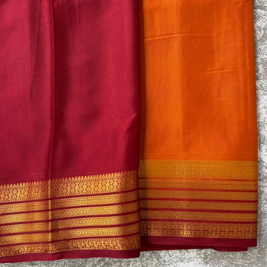 Orange and Maroon boarder Mysore Crape Semi