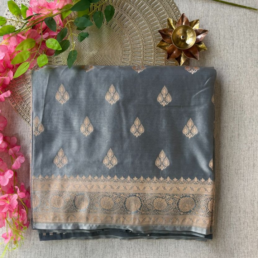 Grey Banarasi Meena Mashru Katan Silk Saree