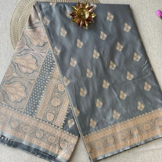 Grey Banarasi Meena Mashru Katan Silk Saree