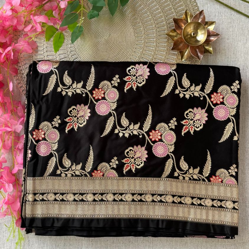 Black Banarasi Meena Mashru Katan Silk Saree