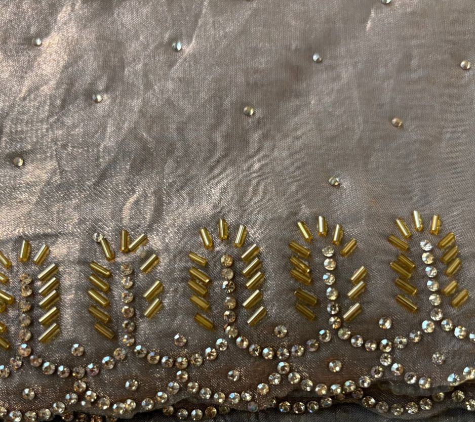 Party wear shimmer Beige with Black Blouse with Dimond work