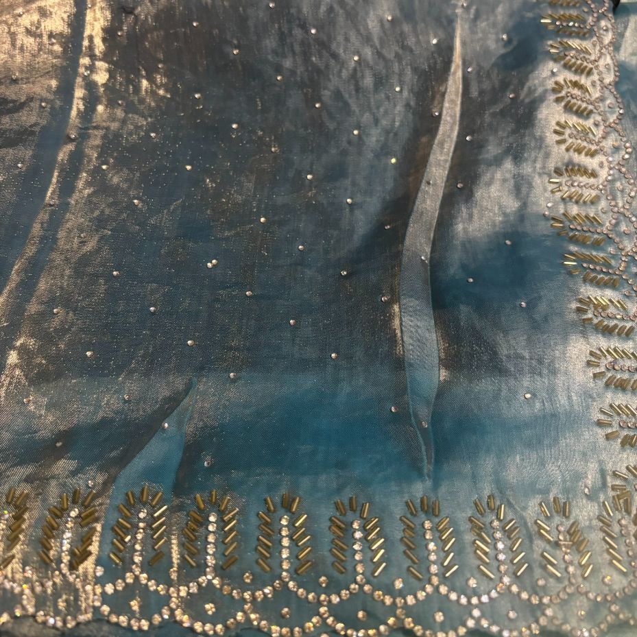 Party wear Teal blue saree with Black Blouse with Dimond work