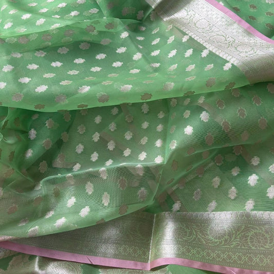 Green and Pink Banarasi Organza Silk Saree