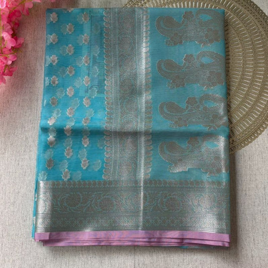 Teal blue Banarasi Organza Silk Saree