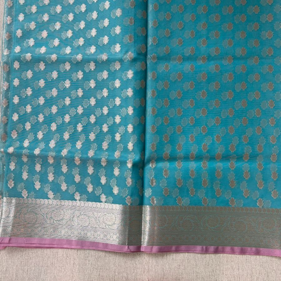 Teal blue Banarasi Organza Silk Saree