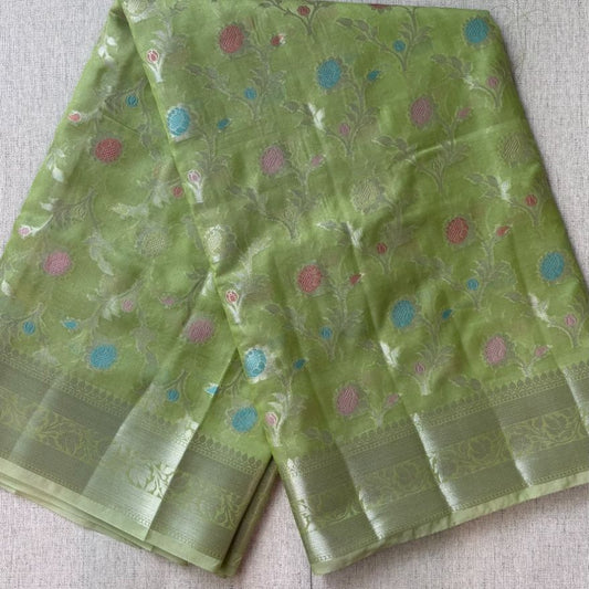Pista green Banarasi Tissue buti meena saree