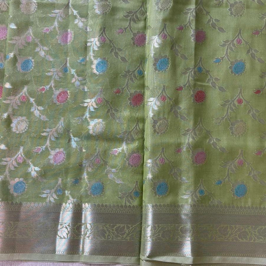 Pista green Banarasi Tissue buti meena saree