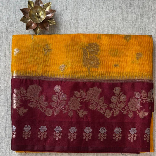 Yellow and Maroon contrast stripe Georgette saree