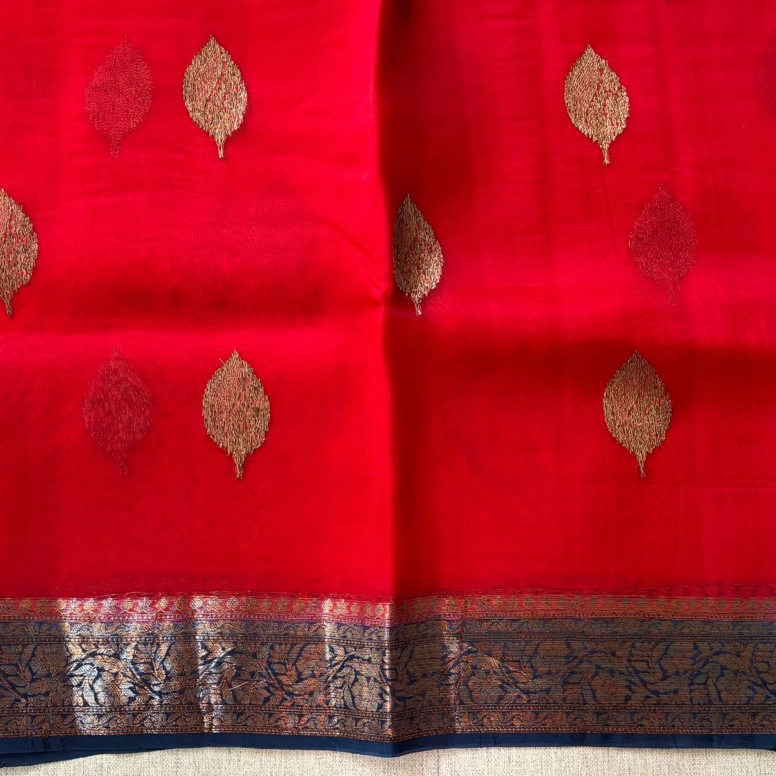Pure kora antique Red and Blue saree
