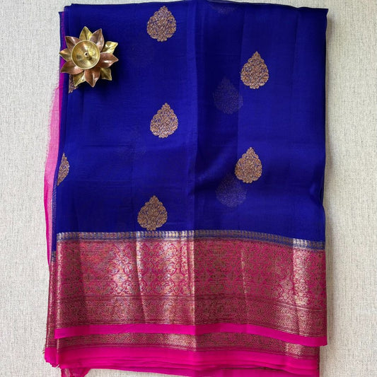 Pure kora antique Dark blue and rani pink saree