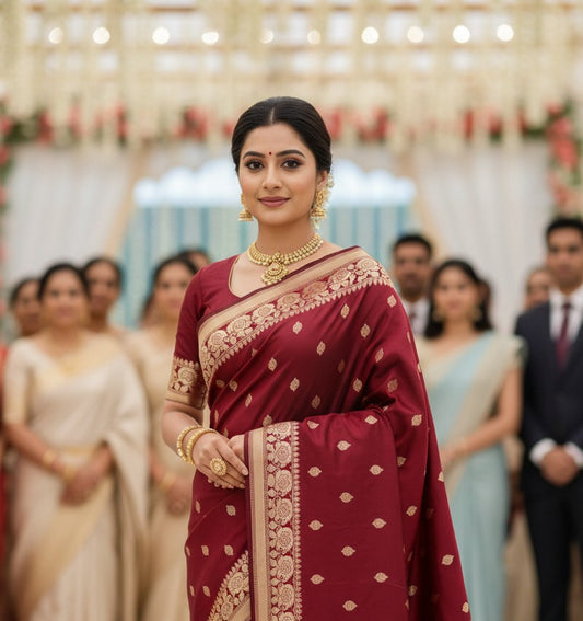Maroon Banarasi satin silk saree