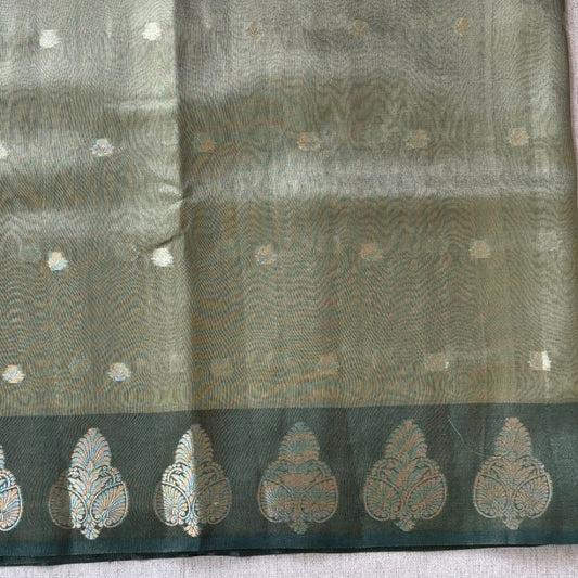 Olive green Banarasi Tissue silk with satin boarder