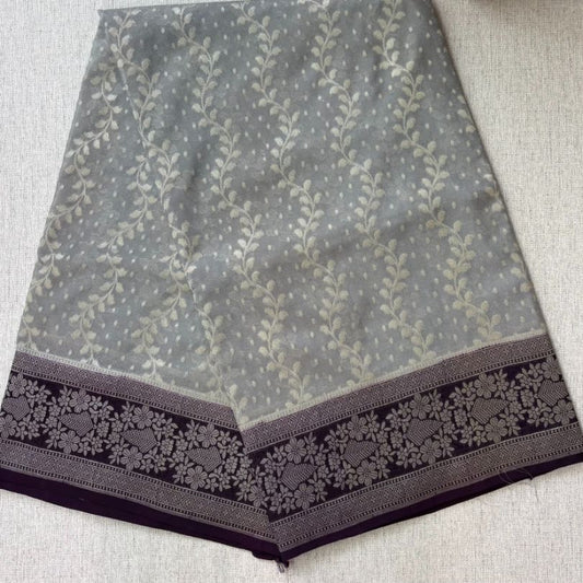 Grey and wine Contrast Banarasi Georgette saree