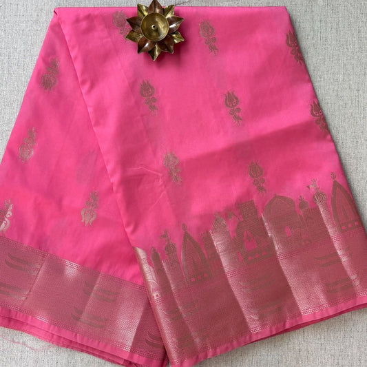 Rani pink Banarasi inspired architectural border soft silk