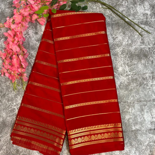 Red stripes premium Mysore crape silk semi