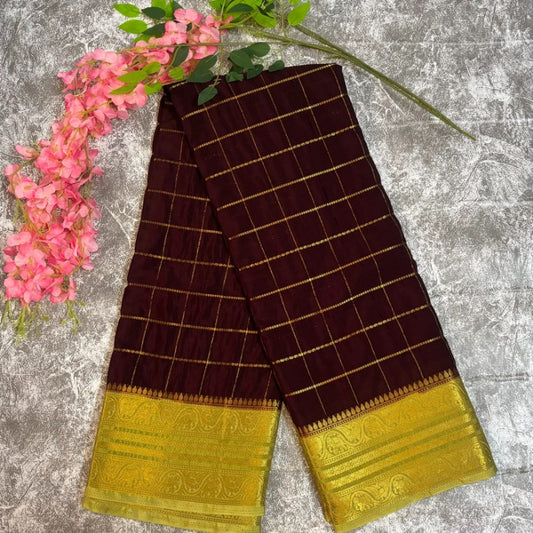 Maroon and Pista green Checks Mysore crape silk semi