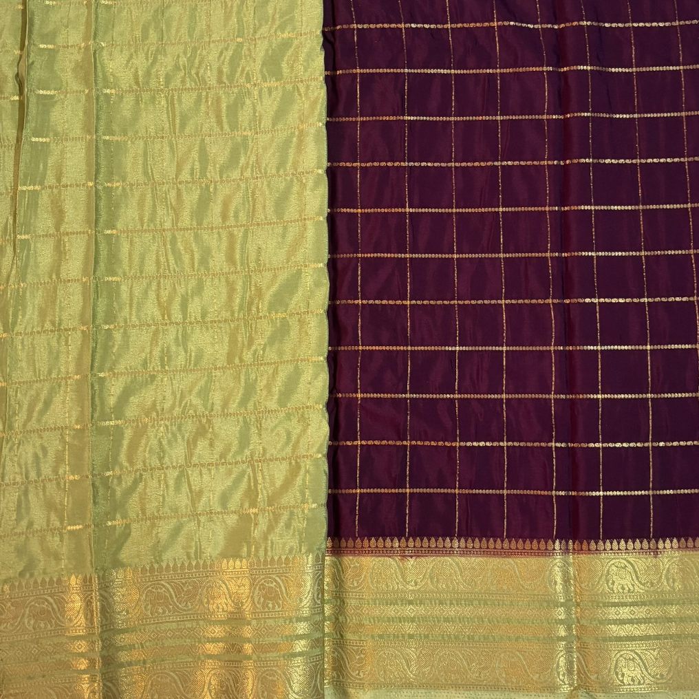 Maroon and Pista green Checks Mysore crape silk semi