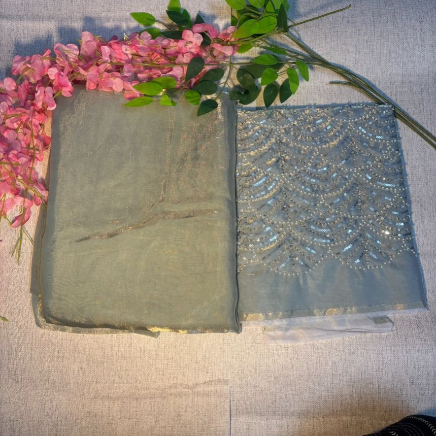 Beige Party Wear plain saree with Embroidery Blouse