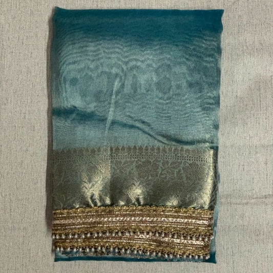 Janhvi Kapoor Inspired Aqua Blue Soft Tissue Silk Saree with Handmade Cutwork Laces