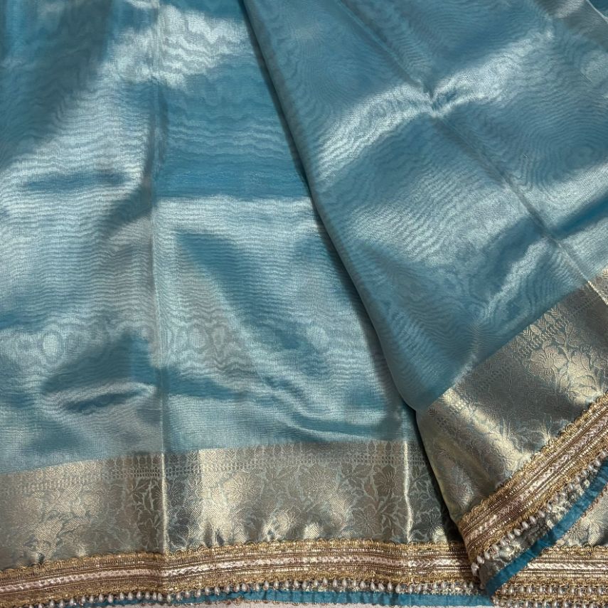 Janhvi Kapoor Inspired Aqua Blue Soft Tissue Silk Saree with Handmade Cutwork Laces