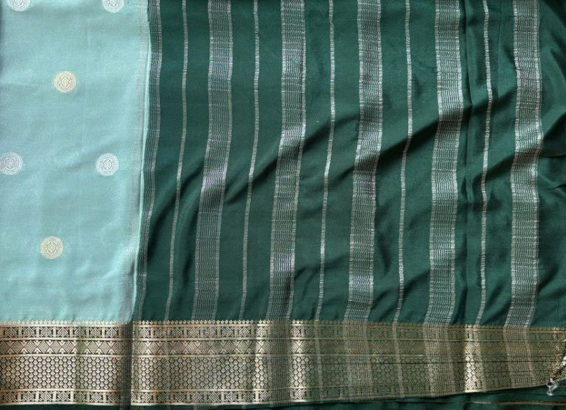 Sea Green and Green boarder with silver and golden buttas Mysore Crape Semi