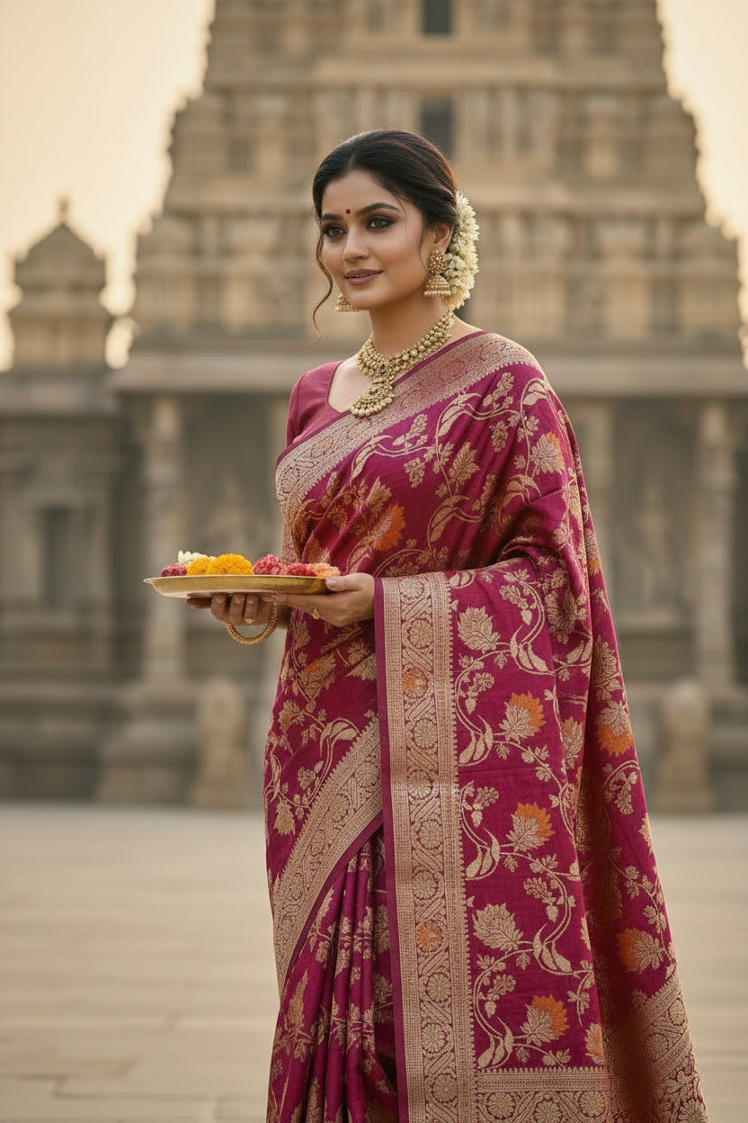Wine Banarasi Mashru Katan Silk Saree (Handloom)