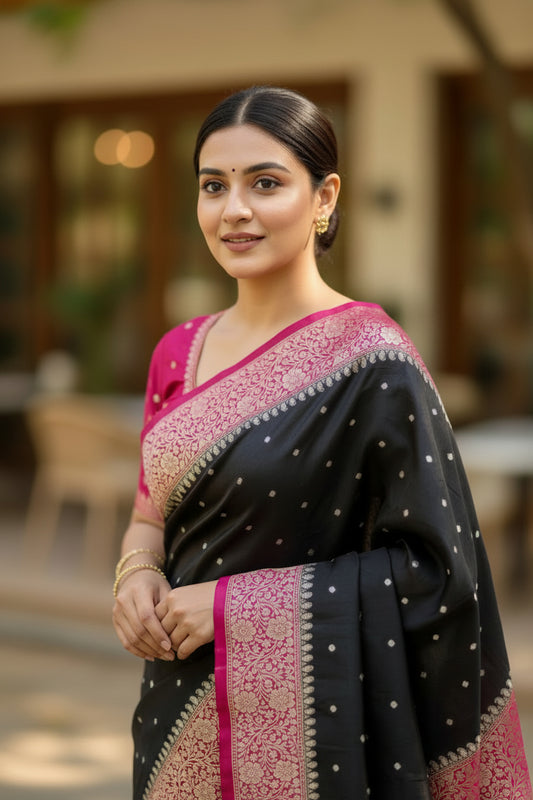 Black Banarasi Embroidery Mashru Katan Silk Saree with Rani pink border (Handloom)
