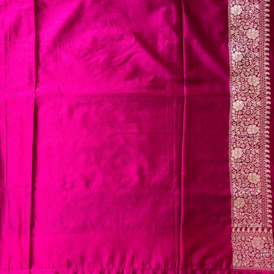 Black Banarasi Embroidery Mashru Katan Silk Saree with Rani pink border (Handloom)