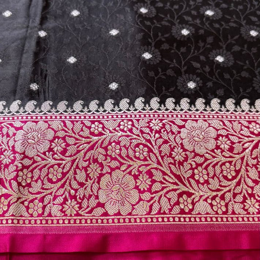 Black Banarasi Embroidery Mashru Katan Silk Saree with Rani pink border (Handloom)