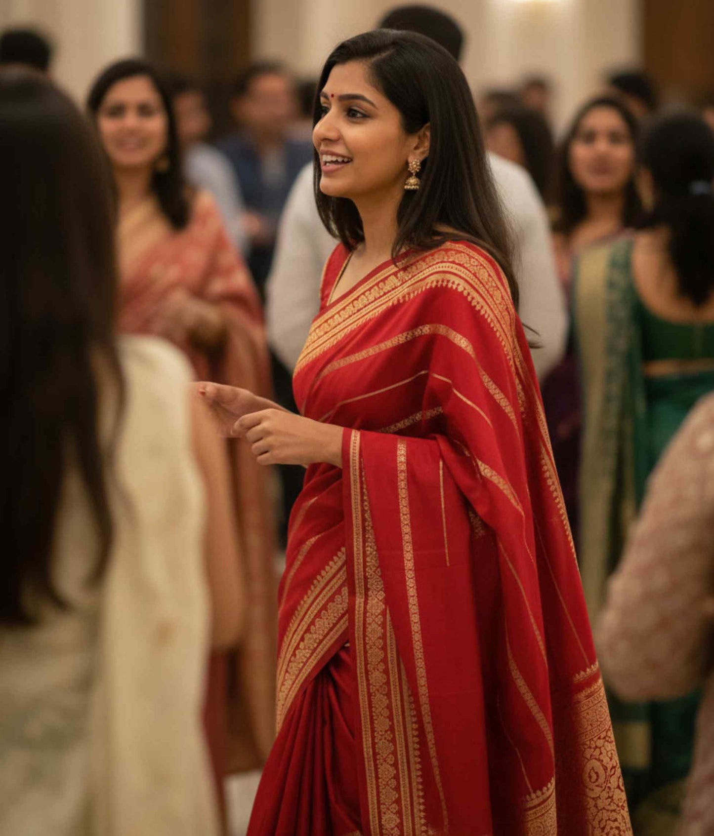 Red stripes premium Mysore crape silk semi