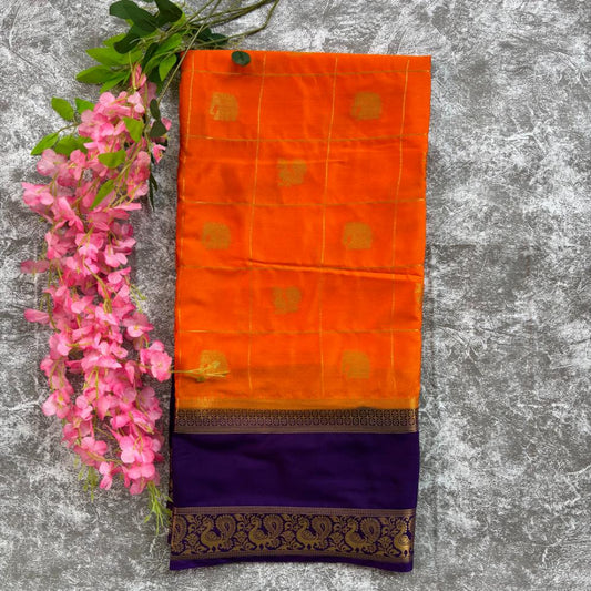 Deep orange and purple checks with bentex boarder premium semi mysore crape saree