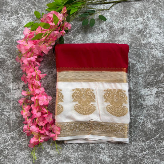 Rani pink and white ganda berunda bentex mysore crape silk semi