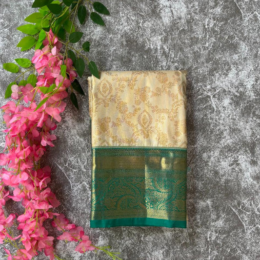 Off white and Emerald green pure mix kanjivaram saree