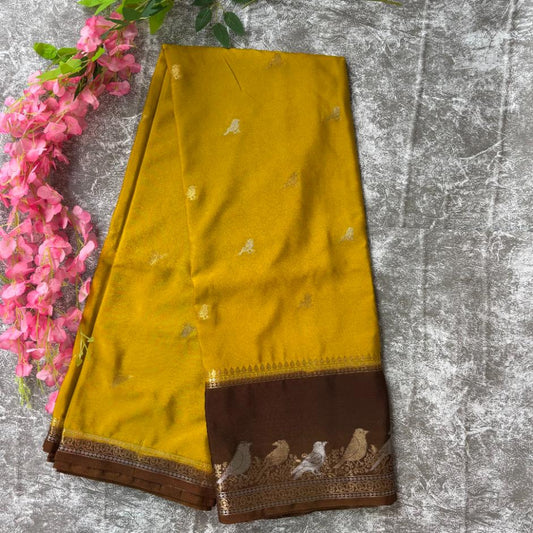 Musturd and brown premium Mysore crape silk semi