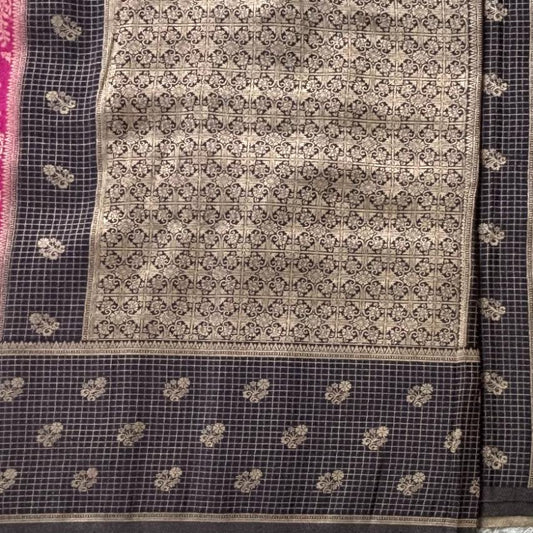 Rani pink and black chinon crape saree with jari weaving