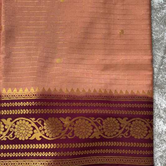 Peach and maroon checks Mysore crape silk semi
