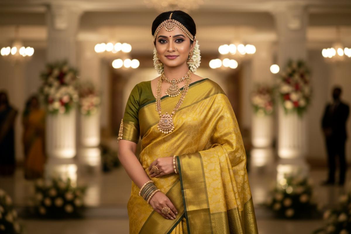 Yellow gold and bottle green tissue silk saree