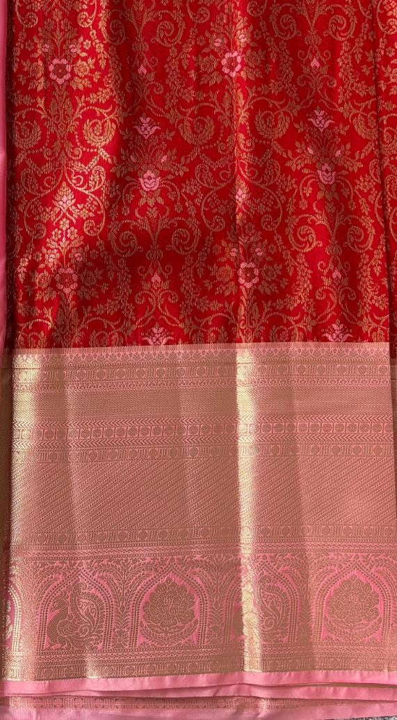 Red and pink pure mix kanjivaram saree