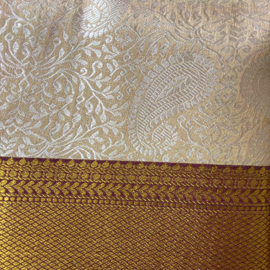 Beige gold and maroon tissue silk saree