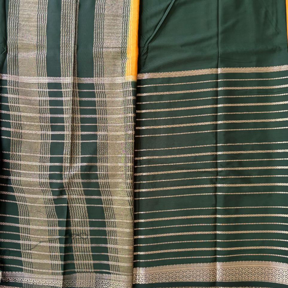 Mustard Yellow and bottle green premium semi mysore crape saree