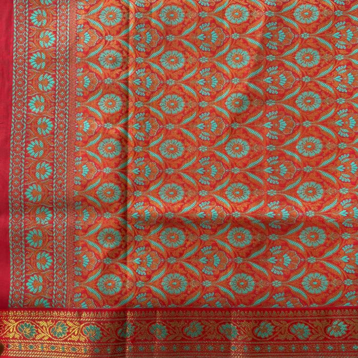 Teal green Brick red hand woven Banarasi soft silk