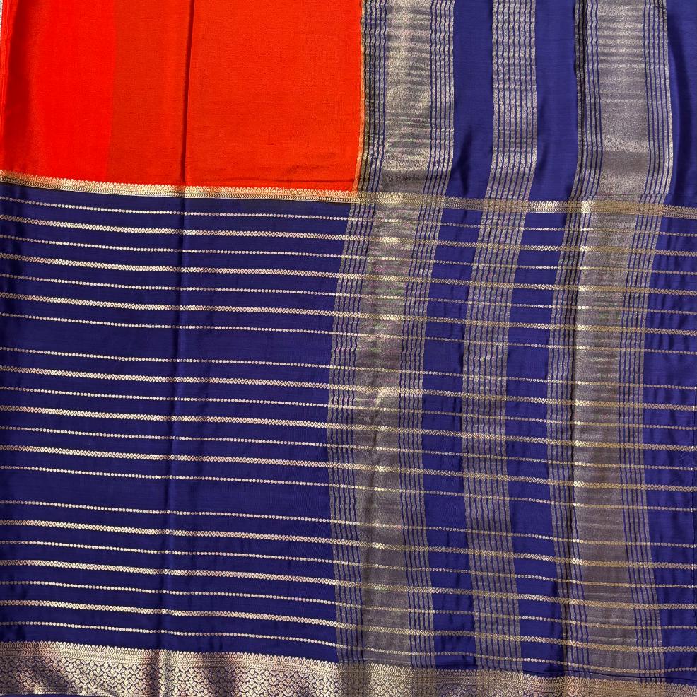 Deep orange and blue premium semi mysore crape saree