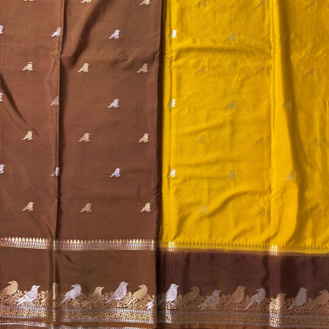 Musturd and brown premium Mysore crape silk semi
