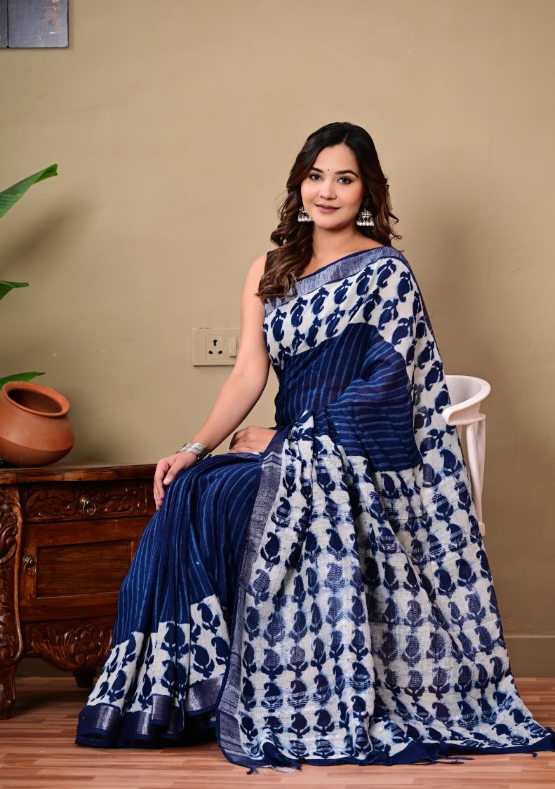Bagru Handblock Print Linen Saree
