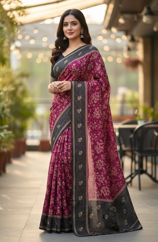 Rani pink and black chinon crape saree with jari weaving